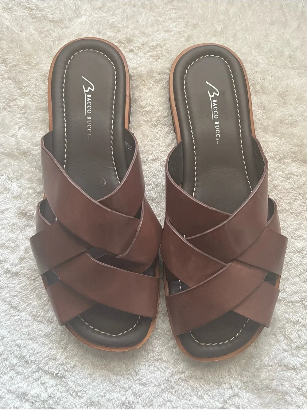 Bacco Bucci Brown Leather Crisscross Slide Mules